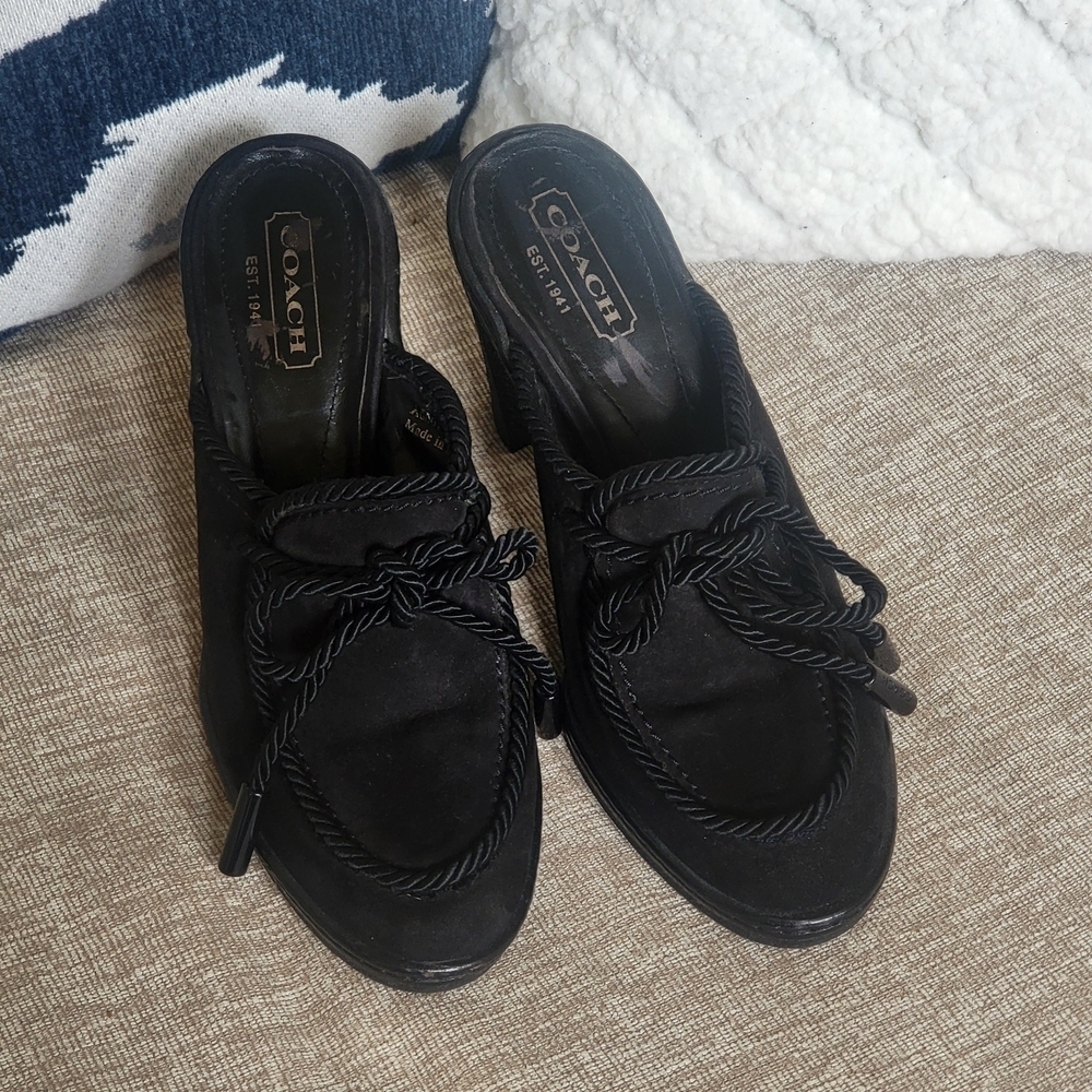 Coach Black Suede Leather Jenn Shoes Mules Slip on Platform..